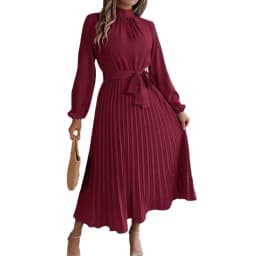 Solid Stand up Collar Bridesmaid Dress Spring Summer Casual Elegant Long Sleeve Waist Cinched Pleated Long Dresses for Women
