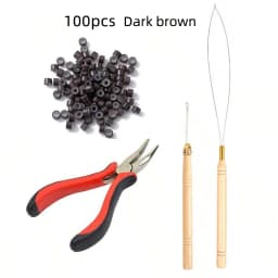 Hair Tinsel Beads Kit with Plier Hook Needle Tool 100 Silicone Micro Beads Loop Needle Threader Pulling Hook Bead Device