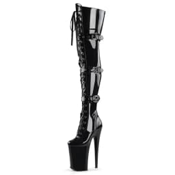 20CM Extreme High Knee Boots for Pole Dance | Black Patent Leather Lace-Up & Buckle Strap | Non-Slip Sole Stage Performance Shoe