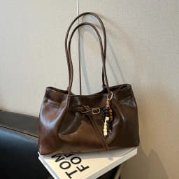 Vintage Brown Leather Tote Bag with Beaded Bag Charm Buckle Detail Large Capacity Shoulder Purse for Work Commuter Daily Use