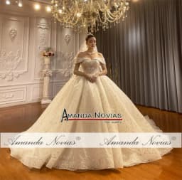 Customized Off The Shoulder Straps Lace Wedding Dress With Small Train NS4596