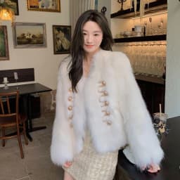 Chic White Women Faux Fur Jacket Pearl Button Coat Collarless Long Sleeve Cropped Loose Luxury Cozy Winter Outerwear Top