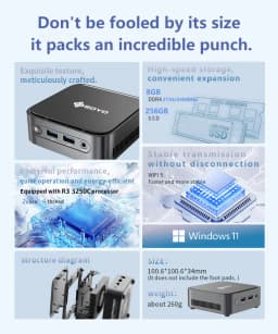 SOYO M4 Power Mini PC AMD Ryzen 3 3250C Processor 8GB DDR4 RAM 256GB M.2 SSD Window 11 PRO WiFi5+BT5.2 High Performance Micro Home Office Computer