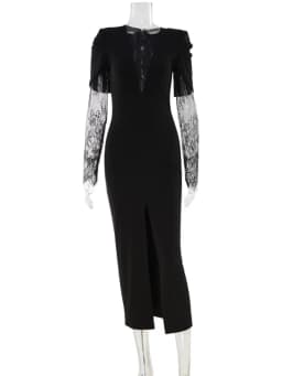 Ahagaga Eelgant Lace Women's Dress Patchwork Long Sleeves Autumn Party Slim Fit Sheath Velvet Sexy Split Trend Female Vestidos