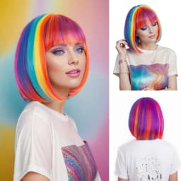 Rainbow Multi-Color Synthetic Wig for Daily Parties, Halloween Cosplay Wig, Bob Hairstyle Wig, Head Cover