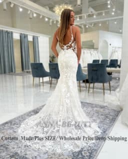 Anna Attractive Women's Wedding Dress Spaghetti Strap V-neckline Sleeveless Lace Appliques Mermaid Backless Vestidos Customised