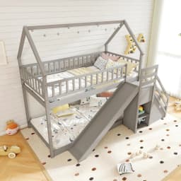 Twin Over Twin Bunk Bed with Slide Stairs Storage Shelves Wood Floor Bed for Kids Teens No Box Spring White, Customized