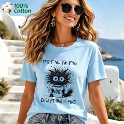 Women's It's Fine I'm Fine Everything Is Fine Cat Print T-Shirt 100% Cotton Funny Casual Short Sleeve Tee