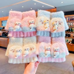 4-7Y Girls Winter 2 in 1 Convertible Flip Gloves Cute 3D Cat Decor Knitted Plush Gloves Kids Paw Print Windproof Thermal Mittens