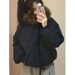 Women's Cotton Jacket Coat Winter Thickened Warm Long Sleeve Hooded Chic High-End Feeling Large Fur Collar Button up Top