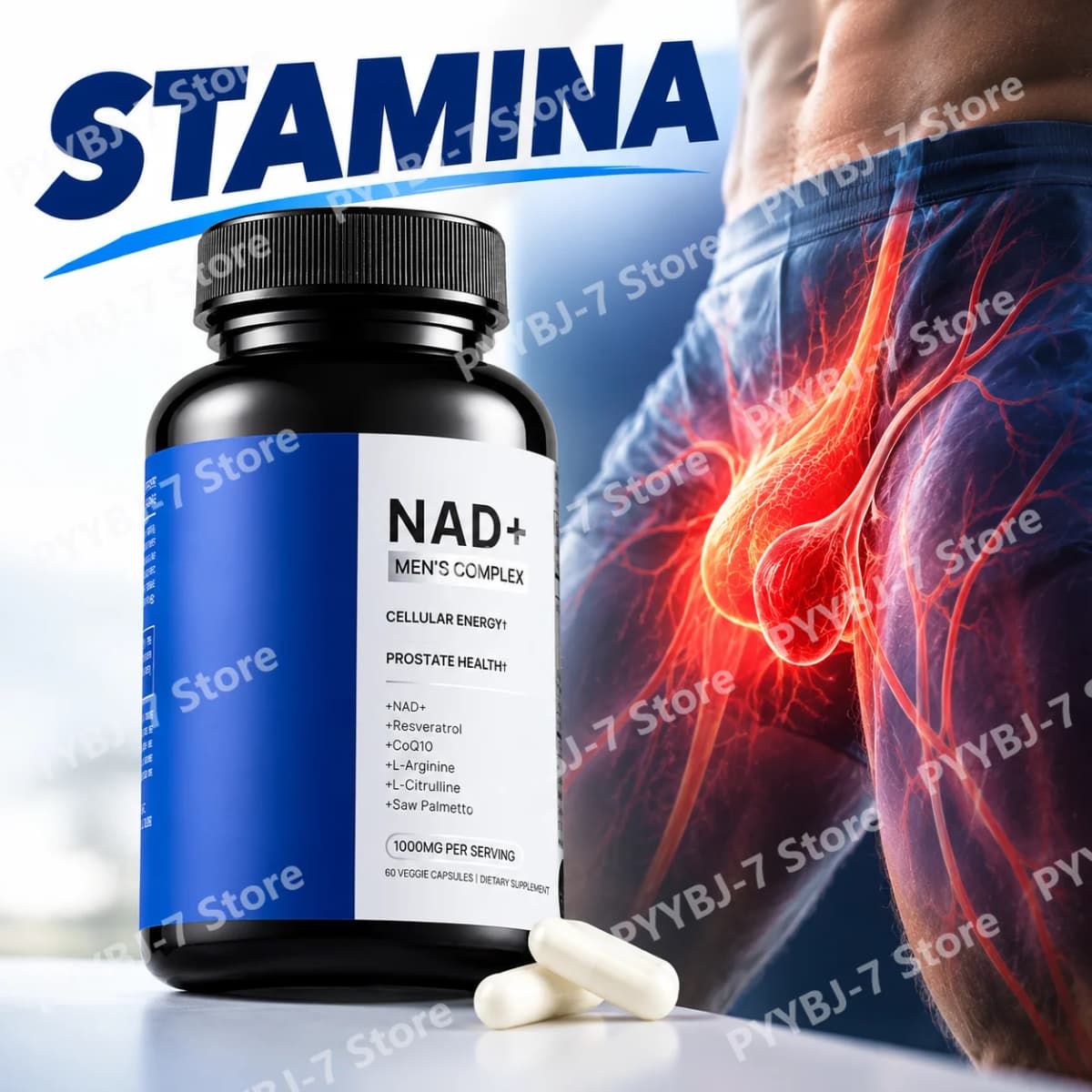 NAD+ Men’s Complex 1000mg Boost Stamina & Blood Flow with L-Arginine CoQ10 & Resveratrol Fight Fatigue Vegan Formula 60 Capsules