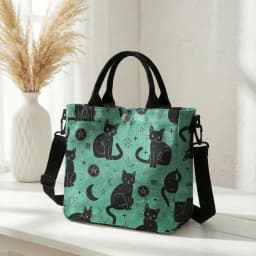 Witchy Black Cat Moon Star Print Pink Canvas Tote Bag Detachable Strap Crossbody Handbag For Women Daily Shopping