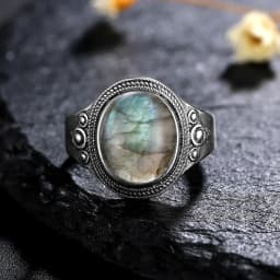 Silver Ring for Women Oval Round Natural Labradorite Ring Gift Sun Shaped Retro Luxury Fine Jewelry