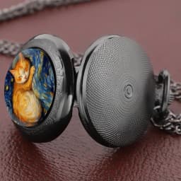 Sleep Cat Watch Black Quartz Pocket Watch Van Gogh's Art Vintage Accessory Women Necklace Pendant Clock Men Gifts for Cat Lover
