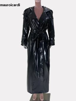 Mauroicardi Spring Autumn Cool Extra Long Shiny Reflective Waterproof Thin Black Soft Patent Faux Leather Coat Women with Hood