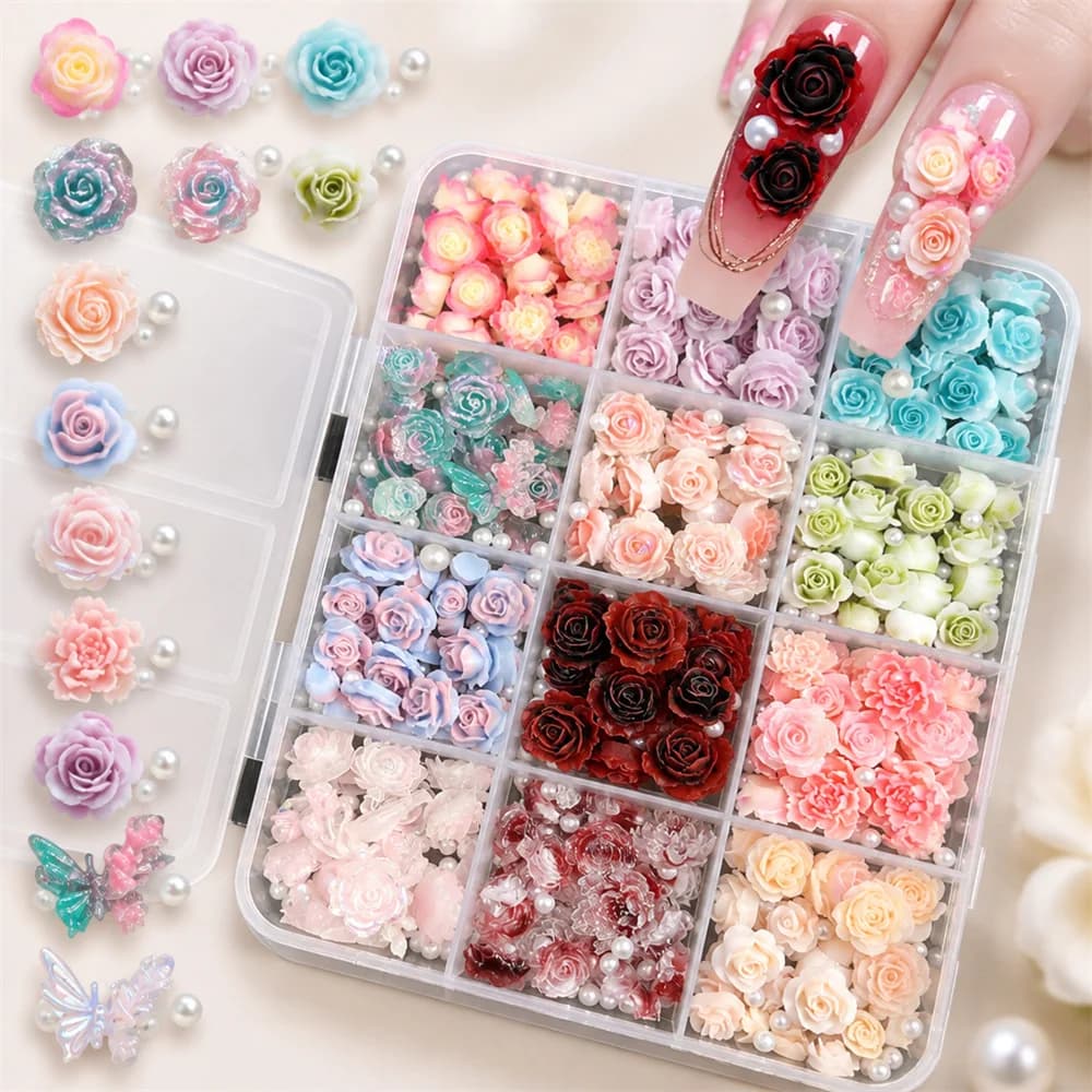 12Grids 3D Resin Rose Flower Nail Charms Mixed Color Flatback with Pearls Kawaii Floral Nail Decor for Acrylic Nails DIY Tools