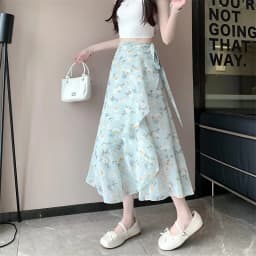 High Waist A-Line Floral Print Chiffon Halter Neck Dress Women's Summer New Style Belted Wrap Skirt Casual Polyester Fiber