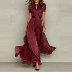 Elegant Chiffon Lace Trim Midi Dress Stand Collar Neck Puff Sleeve Cinched Waist Draped A Line Flowy Women's Casual Dresses