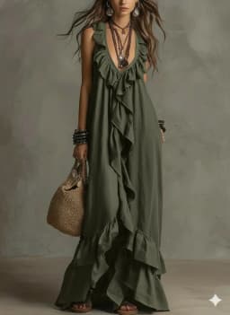 Loose Casual Dress Spring Summer Solid Color Elegant Fashion Bohemian Style Ruffled Loose Waist Sleeveless V-Neck Long Dresses