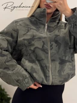 Camo Print Hooded Puffer Jacket Chic Zip Up Stand Collar Elastic Cuff Warm Cropped Coat 2026 Women Winter Commute Street Jackets