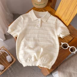 Boys' College Style Solid Color Hollow Collar Polo Shirt Short-Sleeved Thin Knit Sweater Pullover Sweater
