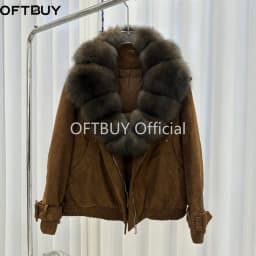 OFTBUY Big Real Fox Fur Collar Duck Down Coat Women Short Suede Pilot Jacket New Vintage Zipper Women's Winter Down Jacket