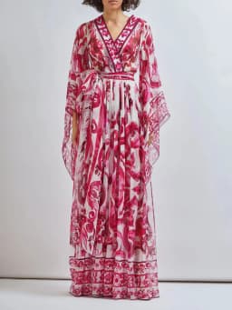 Wein Lady Women's Chiffon Silk Printed Large Swing V-neck Flying Sleeves Yellow Porcelain Dress Cross-border Women's Long Skirt
