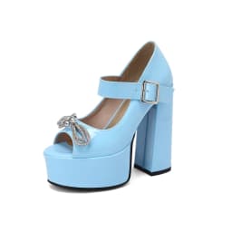 Summer 2023 New Water Platform Super High Heel Peep Toe Sandals Round Toe Lacquer Leather Diamond Bowknot Pumps