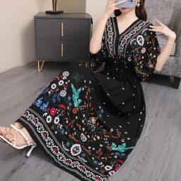 n Long Print Dr V-Ne Slimming Cotton Silk Beachwear Casual High Waist Summer Women's Loose Fit Overhead Dr