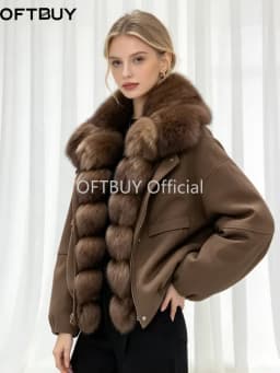 OFTBUY Goose Down Jacket with Natural Fur for Female Warm Casual Winter Puffer Coat with Fur Collar Zipper Women's Down Parkas