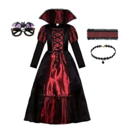 Vampire Queen Cosplay Costume Medieval Gothic Black Red Long Dress With Lace Collar Girls Halloween Party Role Play Fancy Outfit