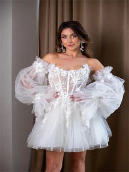 Customized Boat Neckline With 3D Flowers Long Puff Sleeves Tulle A-Line Mini Wedding Dress Elegant Lace-up Back Gown For Bride