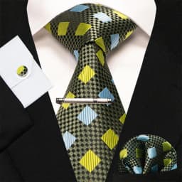 8cm Silk Mens Ties Green Black Ties Plaid Stripe Necktie Pocket Square Cufflinks Tie Clips Set Men's Wedding Business Party Tie