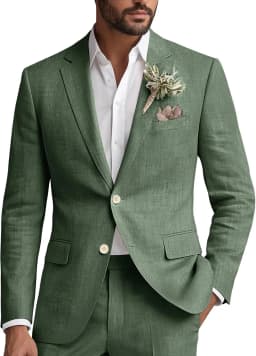 Linen Suit for Men 2 Piece Classic Fit Mens Linen for Beach Wedding Casual Blazer Pant Prom