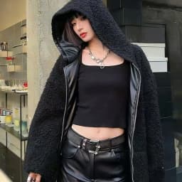 Chic Fleece Pu Reversible Women Jacket Hooded Zip Up Oversized Black Grunge Y2K Streetwear Loose Baggy Winter Coat Top