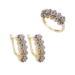 Clustered row zircon earrings and rings set copper plated 14K two-color gold banquet wedding accessories birthday gift