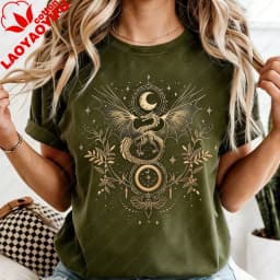 Celestial Dragon Moon Phase T-Shirt Witchy Boho Floral Tee Gothic Style Women Fashion Casual Tshirt Retro Design Printed Tops