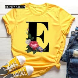 Large Size Yellow T-shirt for Men And Women with Black Fashion Trend Print of Flowers 26 English Letters Casual Short Sleeve Top