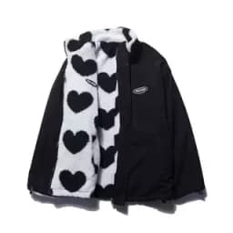 Double-Sided Wear Thickened Lamb Fur Heart Pattern Cotton Jacket Couple's Two-Way Wear Casual Warm Zipper Closure Long Sleeve...