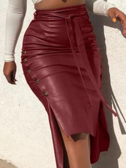 Women Trendy PU Leather Midi Skirt Solid Color High Waist Lace-up Side Button Slim Skinny Pencil Skirt for Ladies Streetwear