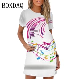 Summer Women Dress 3D Music Notes Patterns Print Mini Dress Streetwear Clothing Casual Short Sleeve Girls Woman Dress