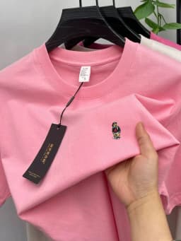 High-end pure cotton short-sleeved men's T-shirt, luxury brand printed cartoon bear, Korean style casual crew neck top for young