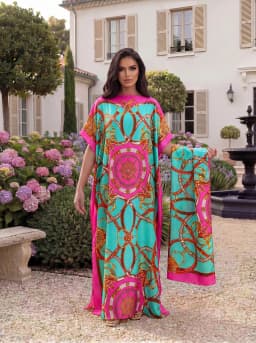 Boho Geometric Print Satin Abaya Scarf Set, Loose Batwing Maxi Kaftan For Muslim Women Summer Daily Holiday Wear