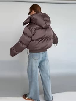 Women's Cropped Puffy Jacket Detachable Hood Drawstring Waist Drop Shoulder Long Sleeve Loose Padded Winter Down Jackets