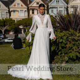 High Neck Applique Chiffon Wedding Dress Long Flare Sleeve Pleat A-Line Vintage Floor Length Button Customized Robe De Mariée
