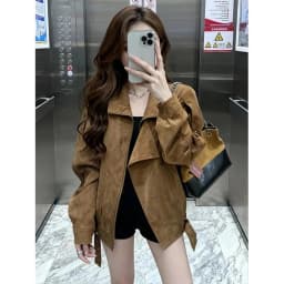Women Faux Leather Coats Solid Jacket Turn Down Collar Long Sleeves Zipper Hem Belt Loose Fit Moto Streetwear 2026 Autumn Winter