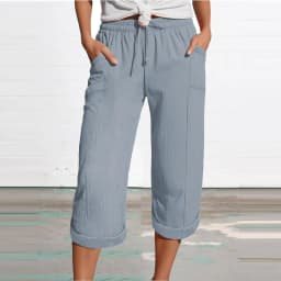 Women 3/4 Muslin Trouser Lightweight Linen Pants With Pockets Causal Loose Capri Trousers Elastic Comfortable Fabric Bottom
