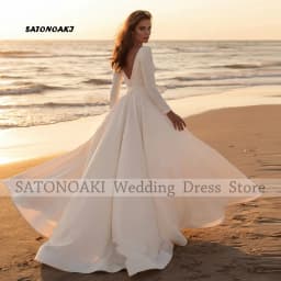 Customized Simple Beach White Ivory Satin Wedding Dress for Women Long Sleeve A-Line Bridal Gown Vestidos De Novia Robe Mariée