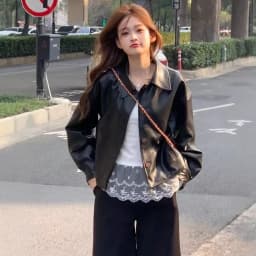 Women Faux Leather Coats Solid Jacket Turn Down Collar Long Sleeves Single Breasted Loose Moto Streetwear 2026 Autumn Winter