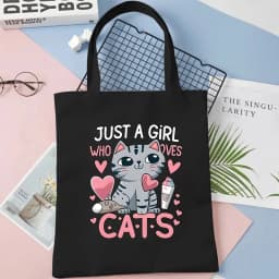 Cartoon Cat Printed Women's Canvas Single Shoulder Handbag Cartoon Animal Commuter Shopping Bag Reusable Handbag